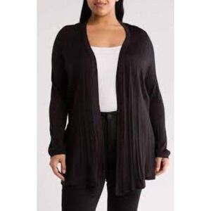 Women Black 3X RIBBED EMBOSSED Open Front Pockets Waterfall Cardigan Gothic Boho